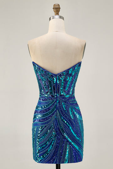 Sparkly Royal Blue Strapless Sequins Short Tight Homecoming Dress with Beading